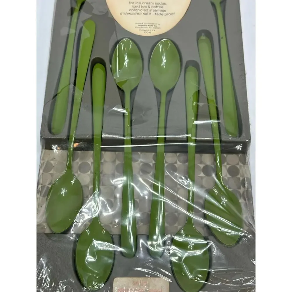 Vintage MCM‎ Imperial Party Spoons Avocado Green Stainless Steel Original Box